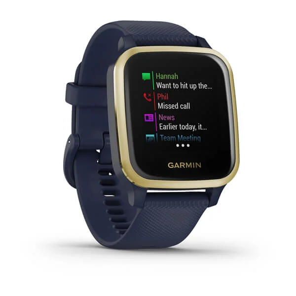 Garmin Venu® Sq – Music Edition Part Number 010-02426-82 (Light Gold Aluminum Bezel with Navy Case and Silicone Band)