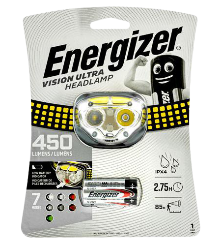 Energizer Vision Ultra LED Headlight 450 lumens Headlamp + 3 AAA batteries Torch