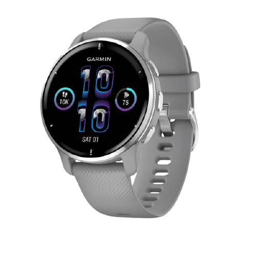 Garmin Venu 2 Plus Silver Stainless Steel Bezel with Powder Gray Case and Silicone Band-010-02496-50